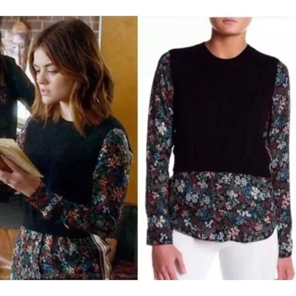 Veronica Beard Mellow Mixed Media Cashmere Silk Sweater S Floral Layered Luxe